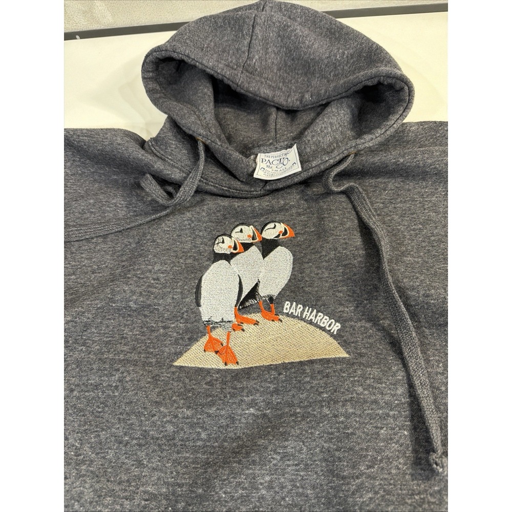 Pacific & Co Bar Harbor Puffin Hoodie Small Oversized Maine Embroidered Gray